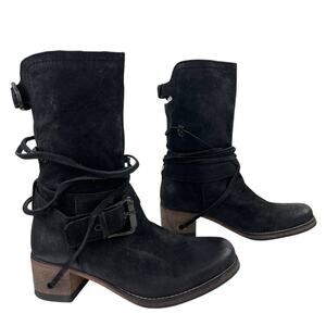 Cafe Noir Black Suede Nubuck Boots Mid-Calf Heeled Buckle Round Toe Size 38